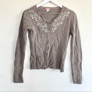 Glam Souls Beige Wool Cashmere Beaded Cardigan Sweater